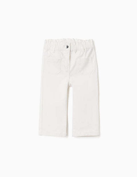 Pantalón twill blanco Zippy para bebé, vista frontal con cintura elástica y botón.