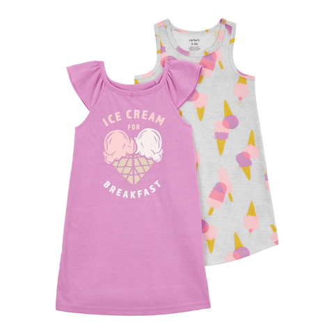 Paquete de 2 camisones Carters para niña, uno rosado-morado y otro gris con estampado de helados.