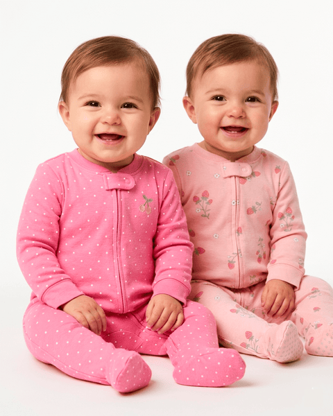 Dos bebés niñas sonrientes usando pijamas Carter's rosadas de algodón con pies, diseño fresas y lunares.