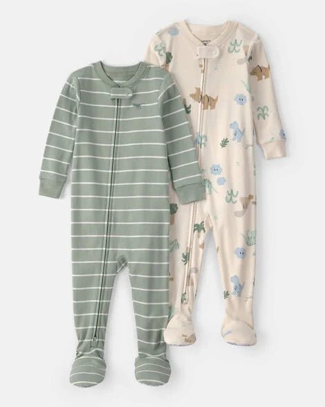Paquete de 2 pijamas Carter's de algodón para bebé, una rayada verde y otra con dinosaurios.