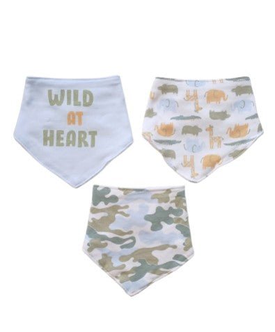 Set de 3 baberos de bandana Sandy & Simon: uno celeste 'Wild at Heart', uno de safari con jirafas y