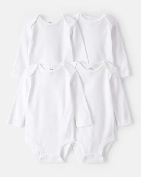 Paquete de 4 bodies Carters blancos de manga larga para bebé, 100% algodón, ideales para unisex.