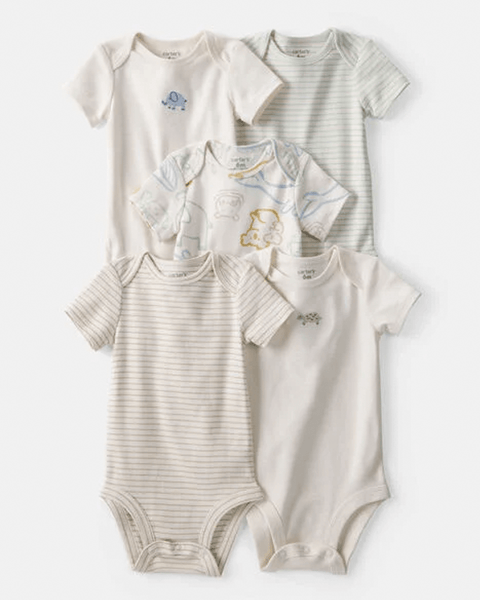 Paquete de 5 bodies Carter's unisex para bebé, manga corta, colores neutros con diseños de animales bordados