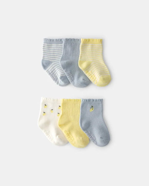 Paquete de 6 calcetas Carter's para niña con limones y rayas en tonos azul, amarillo y blanco.