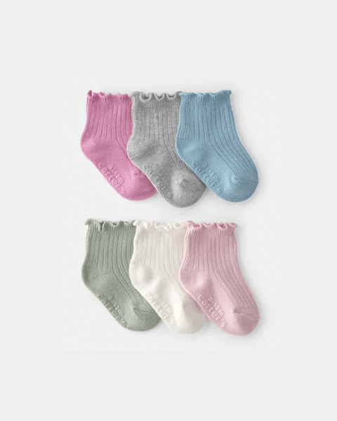 Calcetas Carter's pack 6 para bebé niña, colores pastel con volantes y antideslizante.