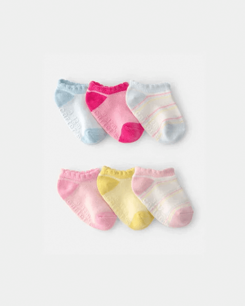 Pack de 6 calcetas invisibles Carter's para niña en tonos pastel: azul, rosa, amarillo y rayas. Ideales para bebé.