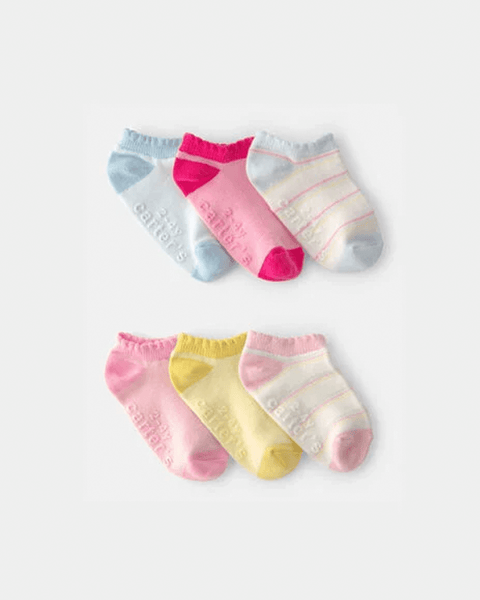 Pack de 6 calcetas toddler Carter's en colores pastel y diseños variados para niña: rosa, azul, amarillo.