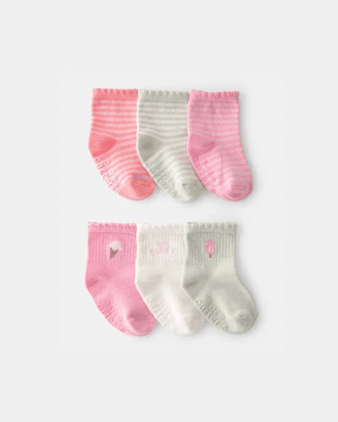Paquete de 6 calcetas tobilleras Carter's para niña, rosa, blanco y gris con rayas y diseños de helados.