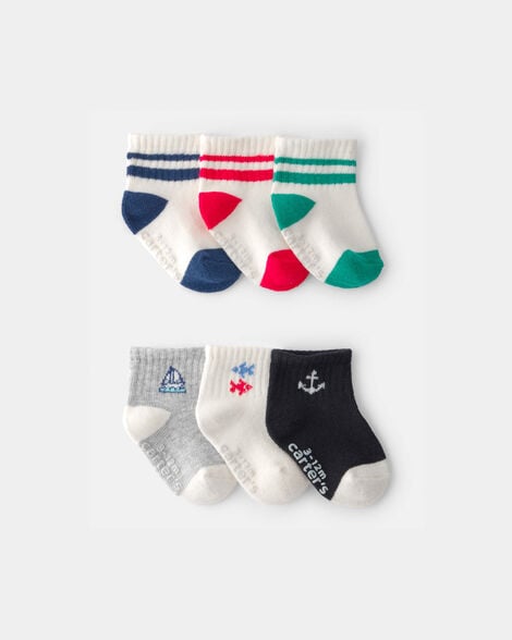 Set de 6 calcetines Carter's para niño con diseños náuticos: rayas, barco, peces y ancla.