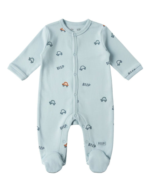 Pijama celeste de bebé Baby Bol con diseño de carritos, pies y botones para niño, suave.