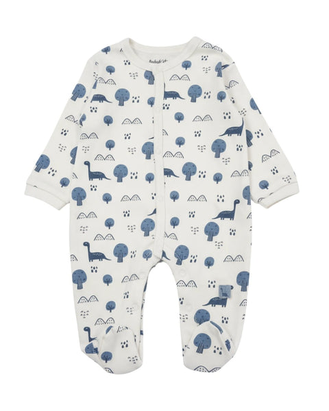 Pijama de bebé Baby Bol blanca con estampado de dinosaurios azules y árboles, con pies.