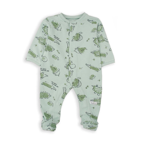 Pijama Baby Bol verde para niño con estampado de dinosaurios, broches y pies de algodón.