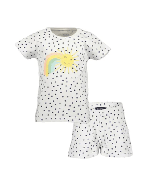 Pijama de dos piezas para niña Blue Seven, blanca con puntos negros, blusa manga corta y short con diseño de arcoíris y sol que brillan en la oscuridad.