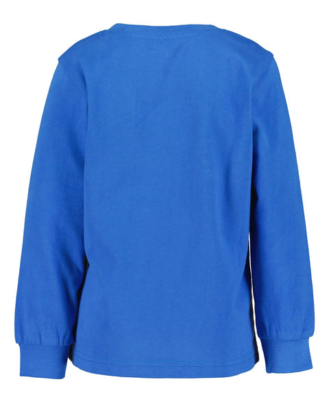 Parte trasera de camisa Blue Seven de niño: manga larga azul lisa, detalle sutil en hombros.