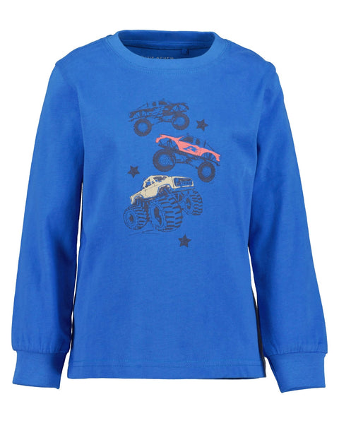 Camisa Blue Seven de niño: manga larga azul, monster trucks que brillan en la oscuridad y estrellas.