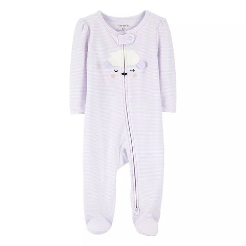 Pijama Carter's de algodón lila a rayas con pies para bebé niña, diseño de cordero y doble zipper.