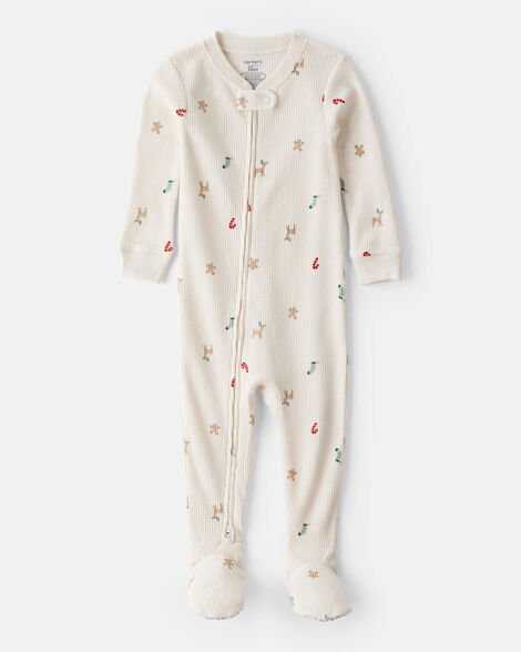 Pijama Carter's beige con pies y zipper, estampado de Navidad, renos, galletas de jengibre, unisex