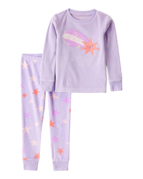 Pijama Carters para niña, color lila con estampado de estrellas y un cometa sonriente en la blusa.
