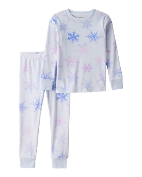 Pijama Carters para niña, 2 piezas celeste con estampado de copos de nieve azules y rosas, blusa manga larga y pantalón.