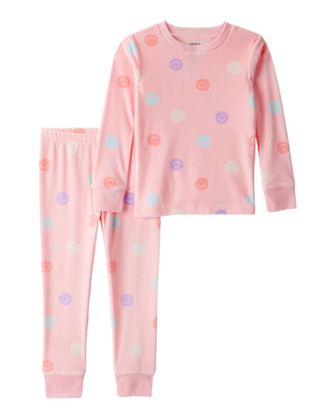 Pijama Carters de niña, rosada con estampado de caritas felices, manga larga y pantalón.