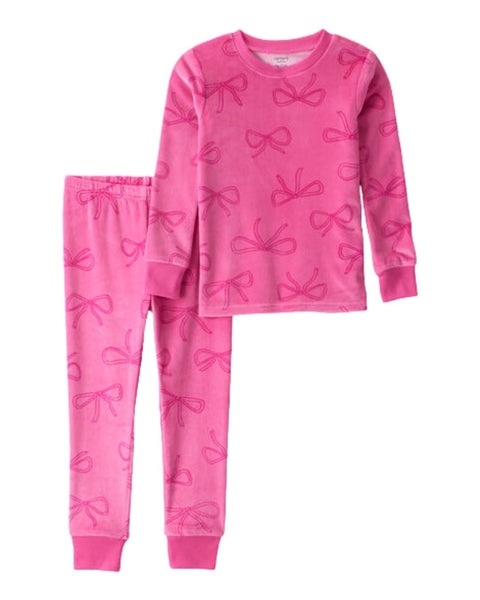 Pijama Carters rosa de 2 piezas para niña con estampado de moños. Blusa manga larga y pantalón.