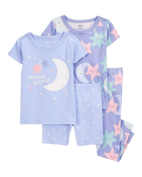 Pijama Carters niña de 4 piezas morado con estrellas, lunas y texto 'Bedtime Besties'