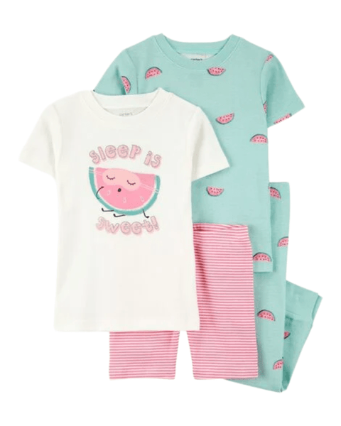 Set Pijama Carters 4 piezas para niña: blusa blanca sandía, blusa aqua sandías, short y pantalón rayados.