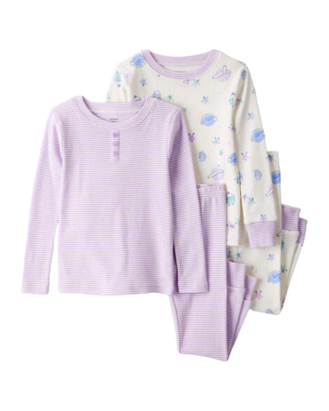 Pijama Carter's 4 piezas para niña: conjunto a rayas lila y conjunto crema con estampado espacial.