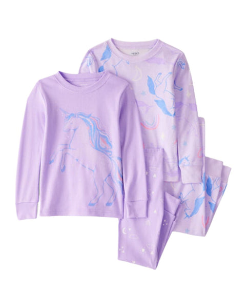 Pijamas Carters de niña, set de 4 piezas lila con estampado de unicornios y estrellas.