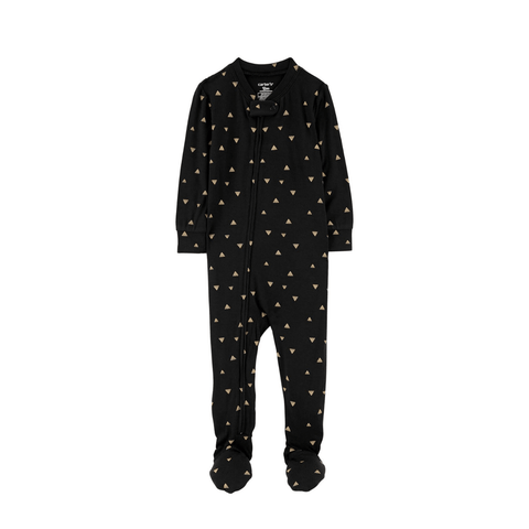 Pijama enterizo Carters negro con pies para bebé, patrón de triángulos beige y cremallera frontal.