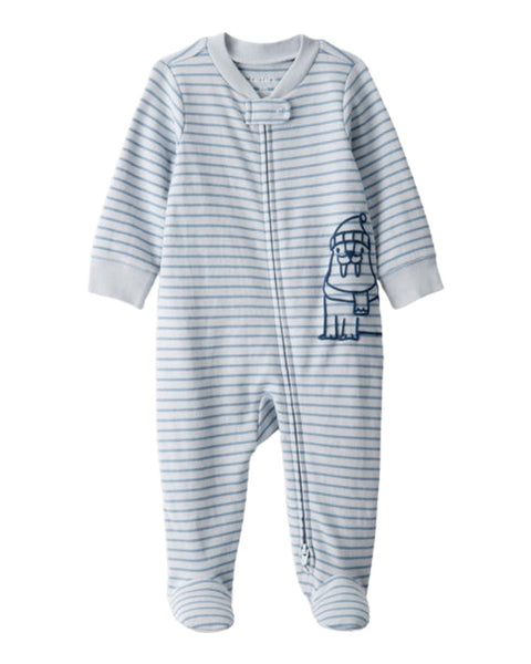 Pijama Carters celeste de rayas para bebé niño con diseño de morsa, pies y zipper frontal.