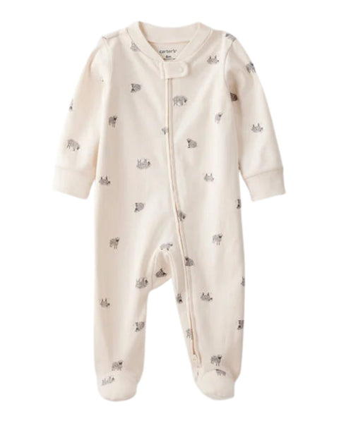 Pijama Carters de bebé unisex color beige con estampado de osos grises, zipper frontal y pies.