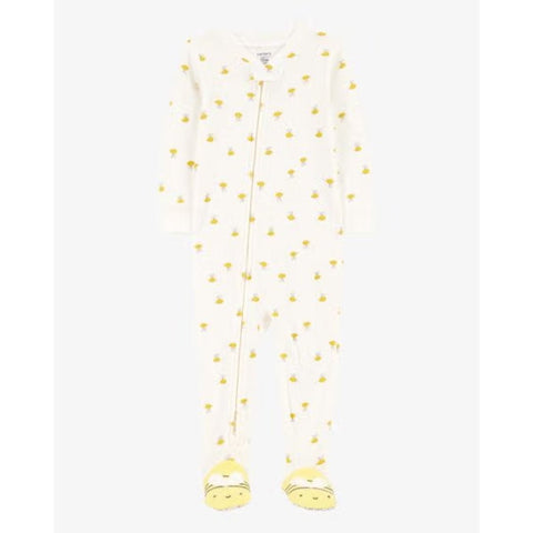 Pijama Carters de niña con pies, zipper y estampado de abejitas amarillas en algodón blanco.
