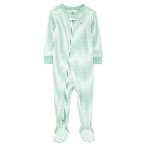 Pijama de bebé niña Carter's con pies, diseño rayado verde y blanco, con zipper y corazón. Algodón suave.
