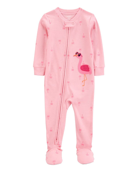 Pijama Carters rosada de algodón con pies y zipper, diseño de flamenco con gafas de sol para niña.