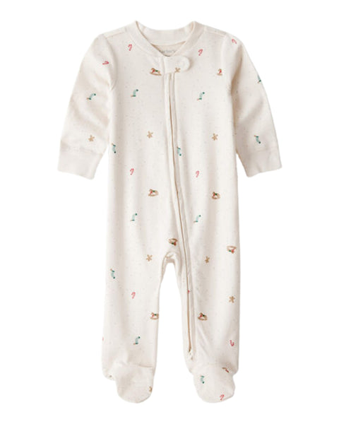 Mameluco Carters beige con pies y zipper para bebé, diseño de Nochebuena con juguetes y dulces.