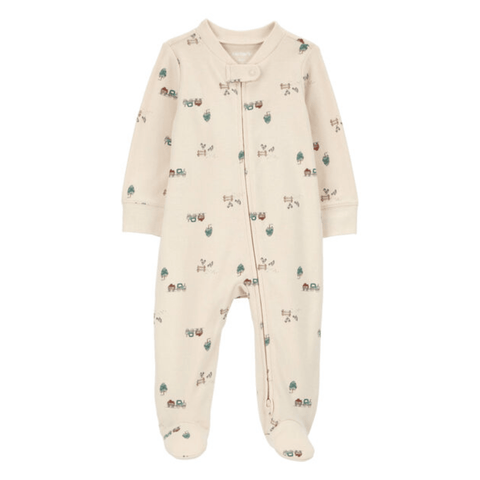 Pijama Carters de bebé niño, kaki, con pies, zipper y estampado de camiones.