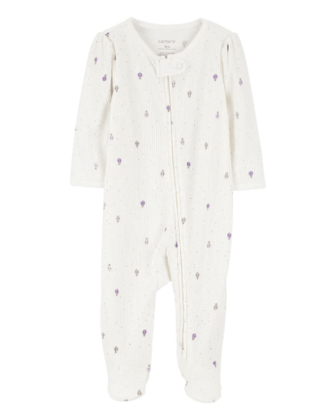Pijama Carter's de bebé niña con globos aerostáticos, pies y zipper doble vía. Color blanco con morado.