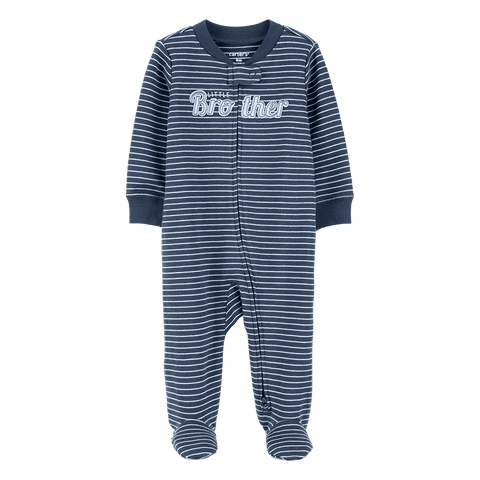 Pijama Carter's de bebé Little Brother azul rayada con pies y zipper doble vía para niño.