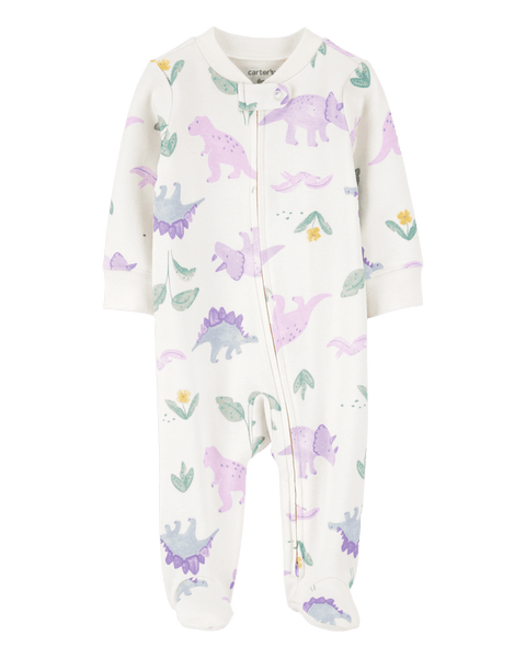 Pijama Carters para bebé niña, diseño de dinosaurios lavanda y morados con zipper doble vía.