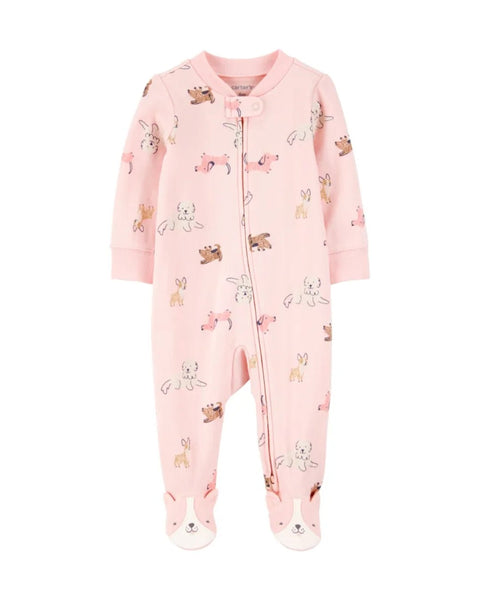 Pijama Carters de niña, rosada con estampado de perritos, pies y zipper doble para comodidad.