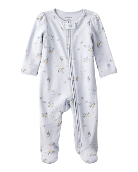 Pijama Carter's niña celeste de interlock con pies y zipper, estampado de unicornios y estrellas.