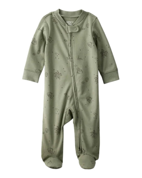 Pijama Carters verde con pies para niño, zipper frontal y estampado divertido de interlock.