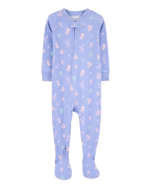 Pijama Carters de niña morada con pies, estampado de animales marinos y zipper práctico.