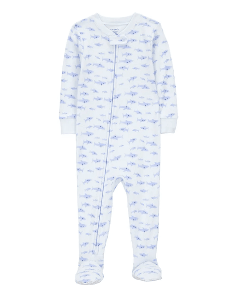 Pijama Carters con pies y zipper para niño, diseño de tiburones celestes