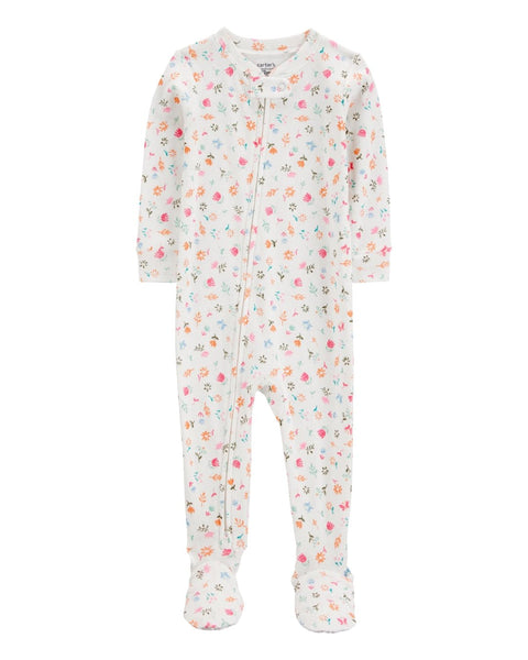 Pijama Carters de algodón para bebé niña, floreada multicolor con zipper y pies.