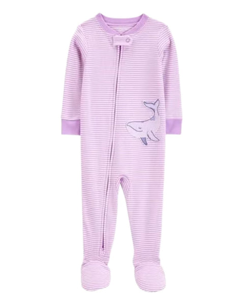 Pijama Carters con pies y zipper rayada diseño de ballena color morado de algodón para niña