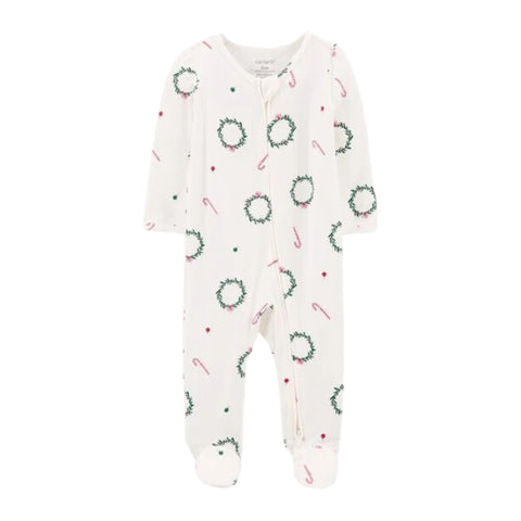 Pijama Carters de bebé, blanca con diseño navideño de coronas y bastones de caramelo, zipper de doble vía y pies.