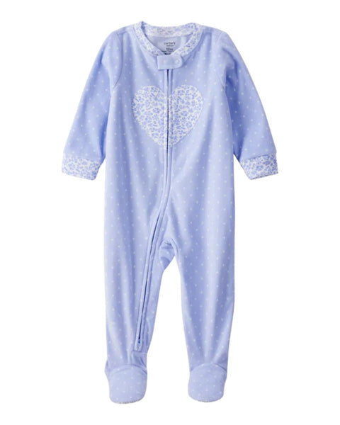 Pijama Carters celeste para niña con lunares, corazón estampado, zipper y pies integrados.