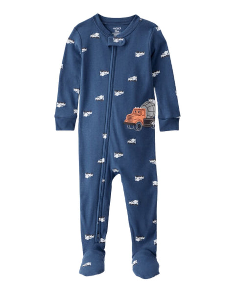 Pijama Carter's azul para niño con estampado de camión cementero, zipper frontal y pies
